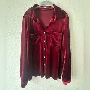 Shein Burgundy Velvet Button Down Blouse Collared Pocket Shirt XL